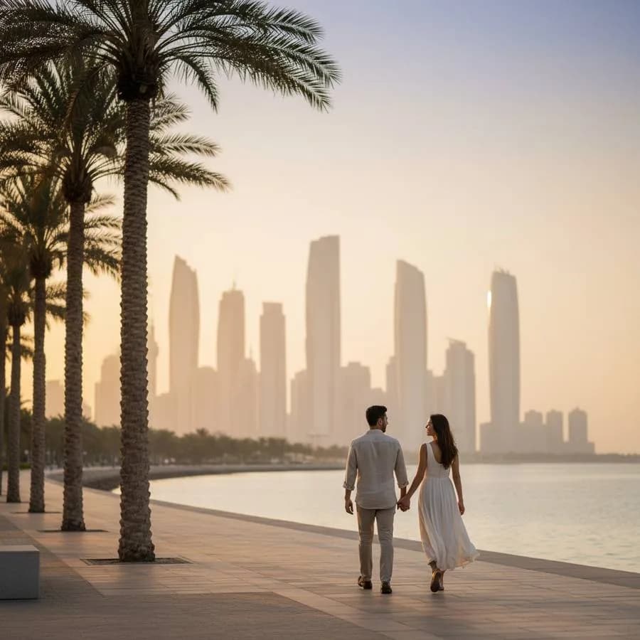 A couple walking the Abu Dhabi Corniche at golden hour